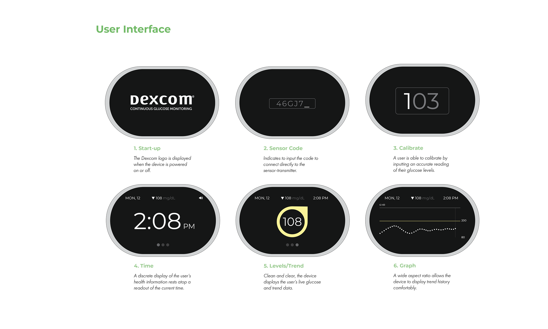 A showcase of the UI of the nano receiver, adopting some of the existing UI from Dexcom's system.